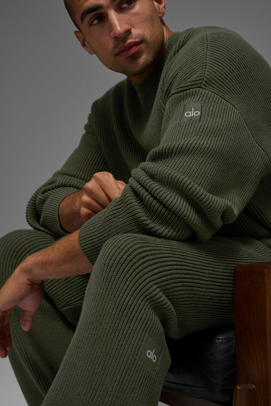 Domain Rib Knit Crew Sweater - Green Olive - Image 4