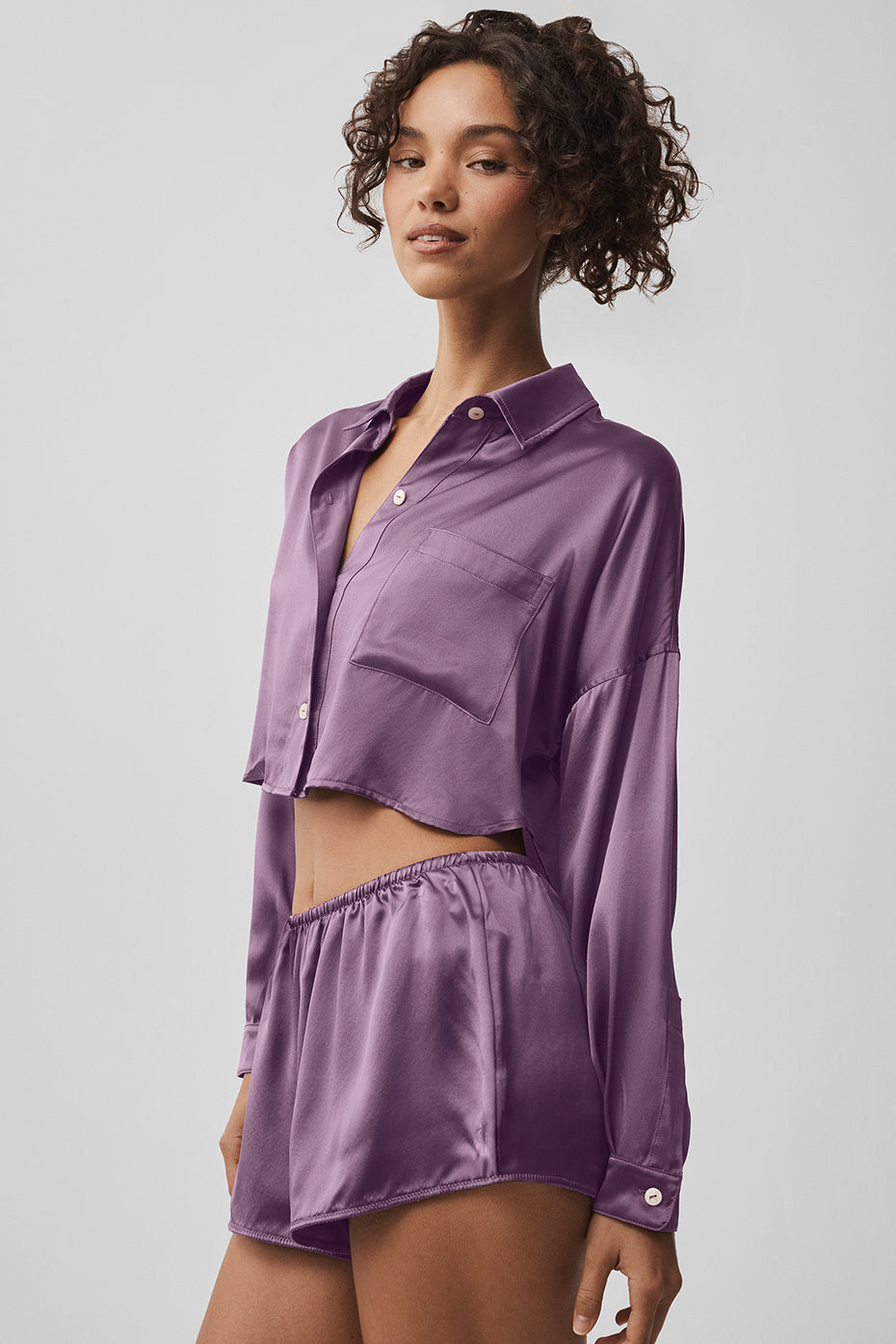 Silk Luminous Cropped Button Down Long Sleeve - Plum Kiss - Image 2