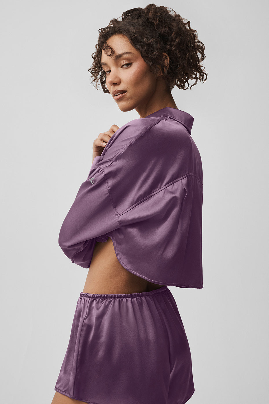 Silk Luminous Cropped Button Down Long Sleeve - Plum Kiss - Image 3