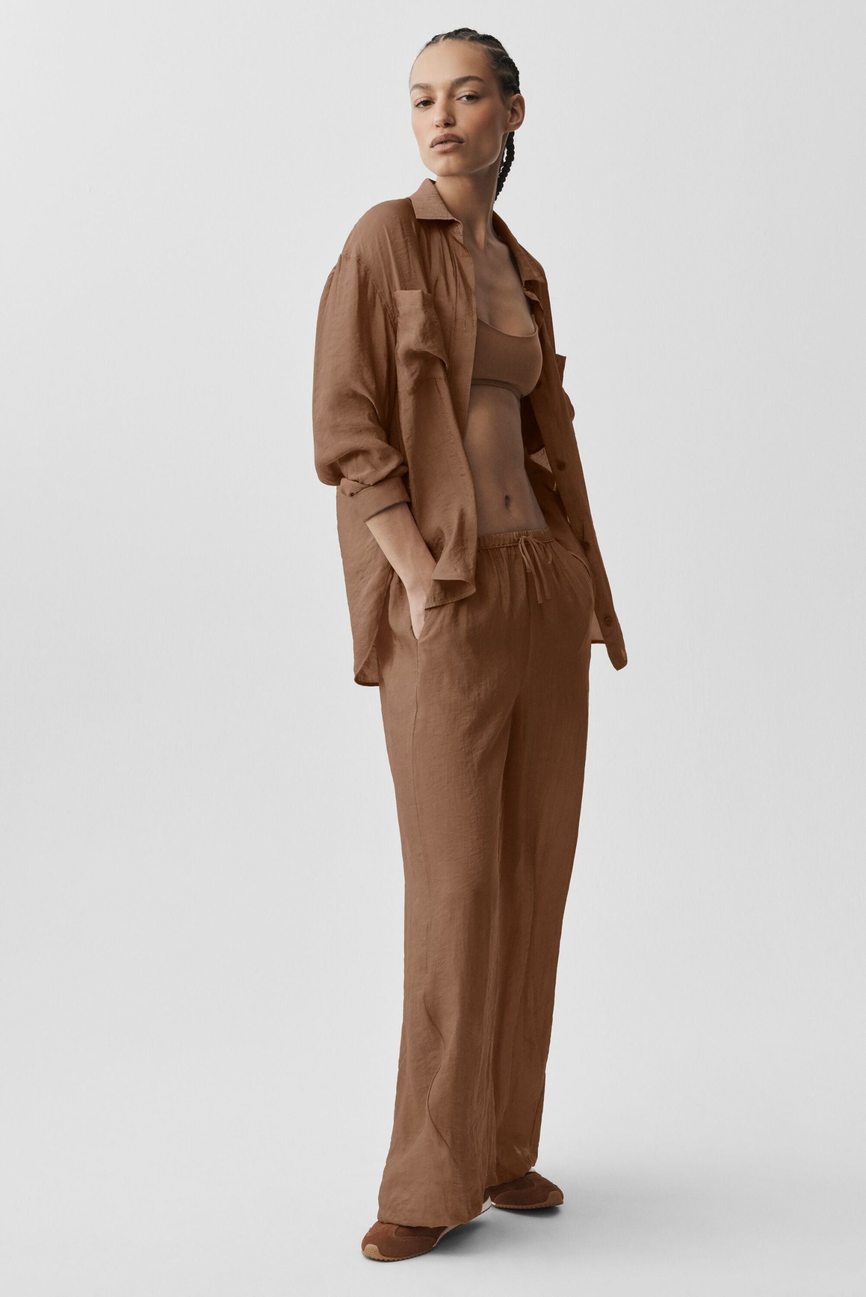 Semi-Sheer Golden Hour Button Down Long Sleeve - Sun Kissed Brown - Image 5