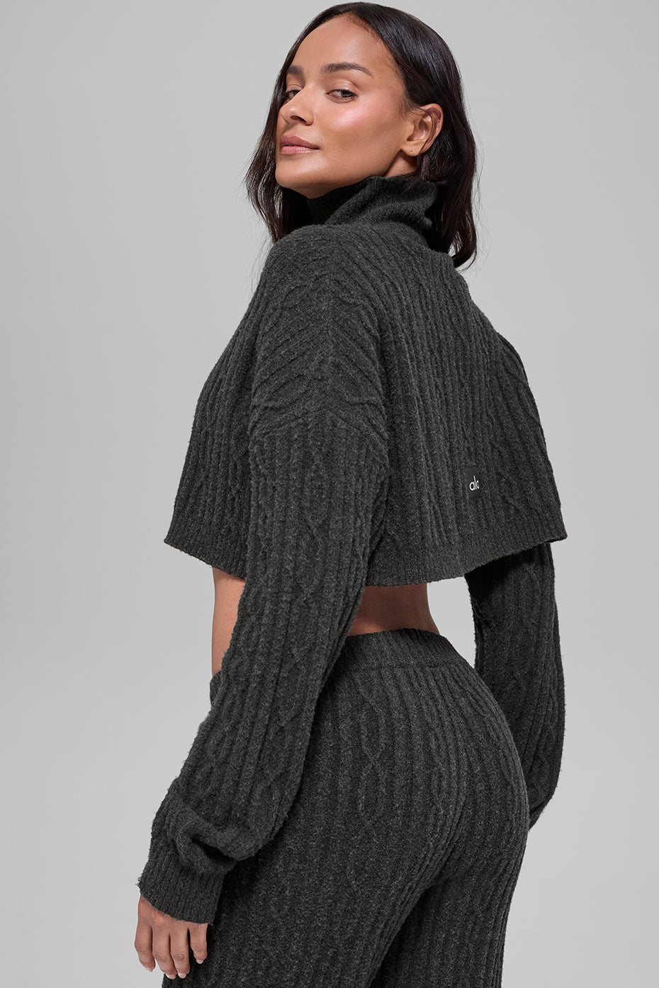 Cable Knit Cropped Winter Bliss Turtleneck Long Sleeve - Dark Heather Grey - Image 3
