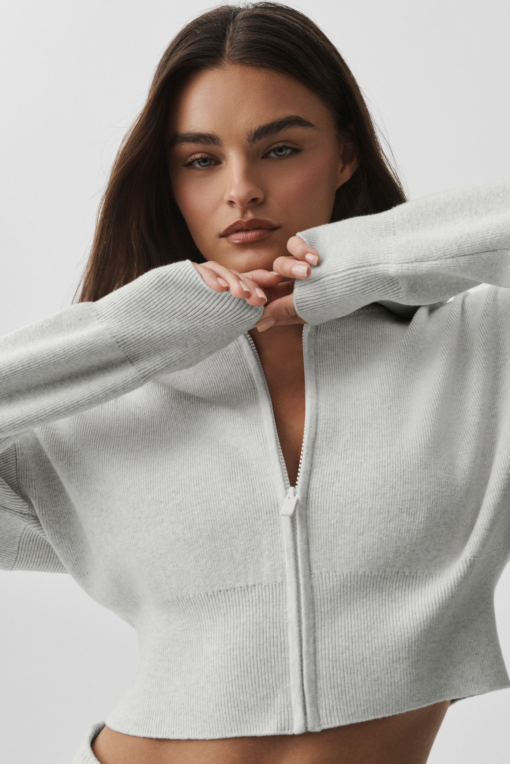 Scholar Knit Cropped Full Zip Jacket - White Heather - Image 5